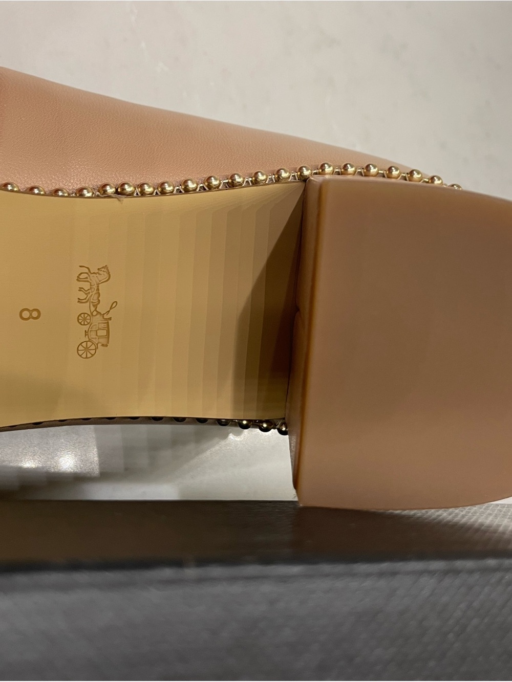 NWT Coach Nude/Tan Pointed Toe Low Block Heel Pumps with Gold Stud Trim - Picture 4 of 5